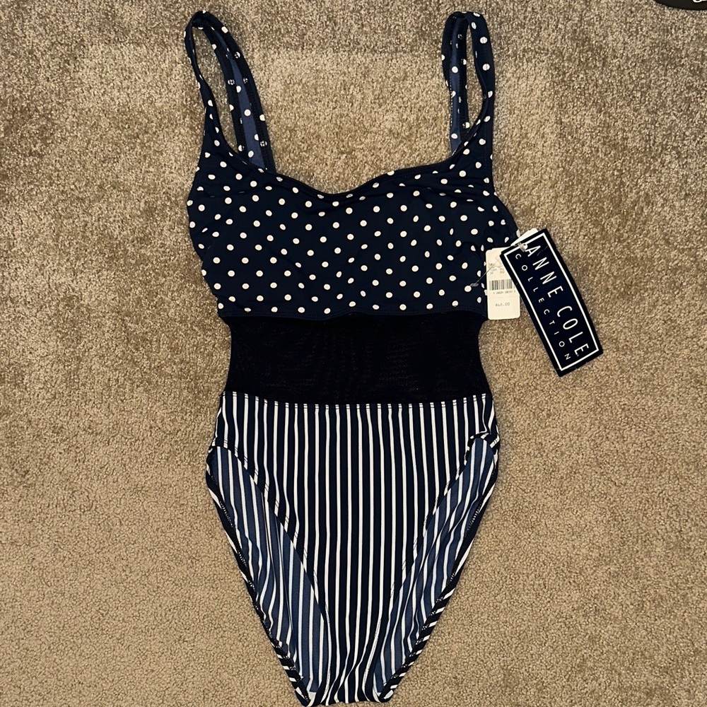 Anne Cole Navy Polka Dot & Striped One-Piece Swimsuit